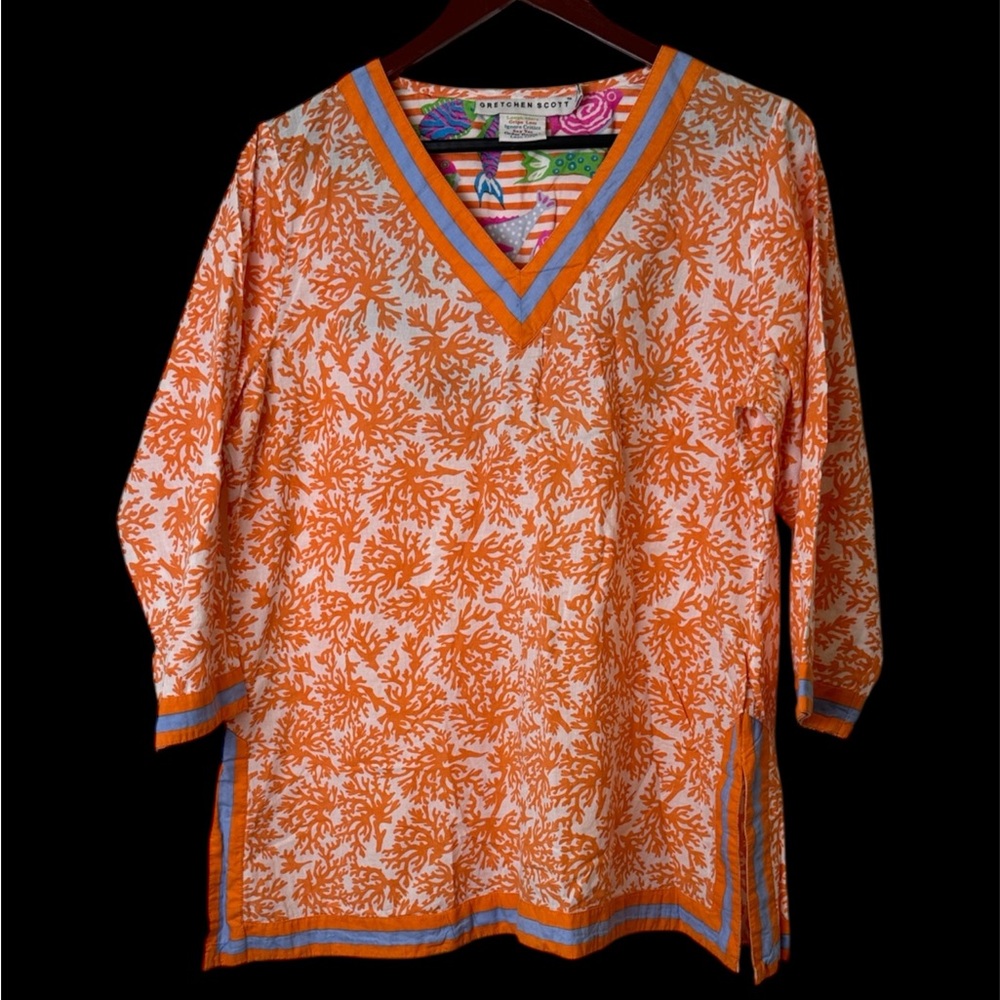 Gretchen Scott Designs Orange and White Tunic resort wear sz L